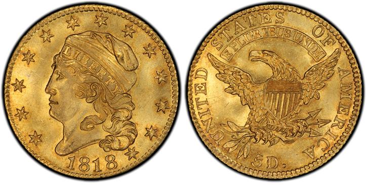 1818 Capped Head Left Half Eagle. BD-3. 5D/50. MS-66+ (PCGS).